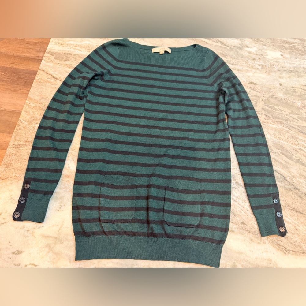 Ann Taylor LOFT Small Teal & Navy Striped Cardigan - Adorable Details!